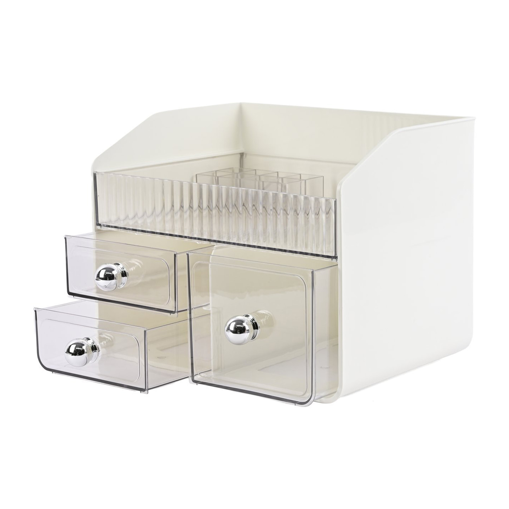 Organizador de maquillaje blanco con soporte para labiales y 2 cajones