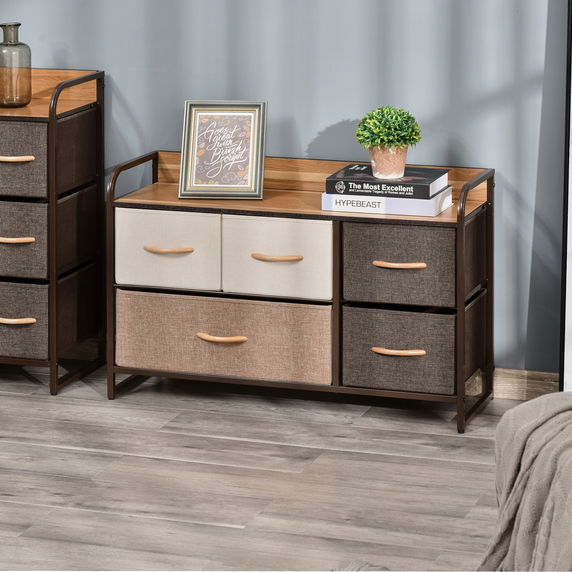 Commode meuble de rangement 5 tiroirs en tissu 87,5 x 29 x 58 cm Marron et beige