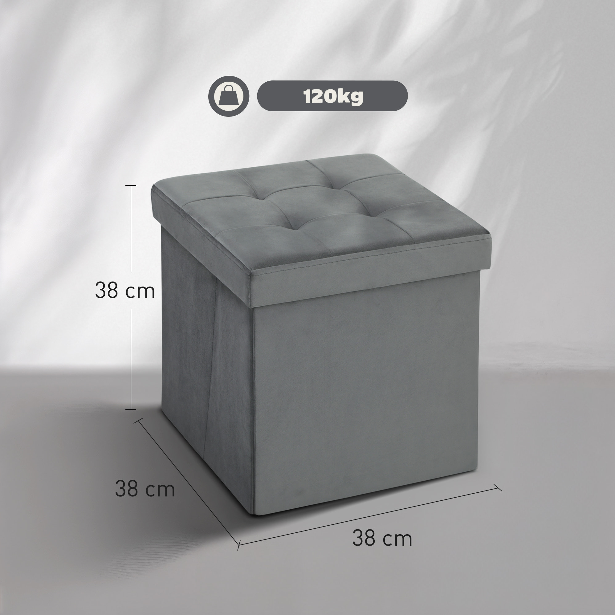 Pouf coffre velours effet capitonné pliable - pouf de rangement - dim. 38x38x38cm - gris