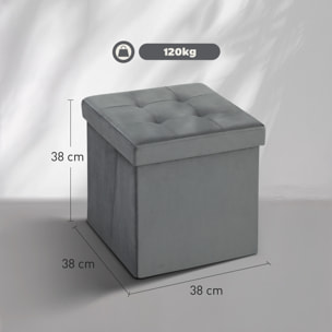 Pouf coffre velours effet capitonné pliable - pouf de rangement - dim. 38x38x38cm - gris
