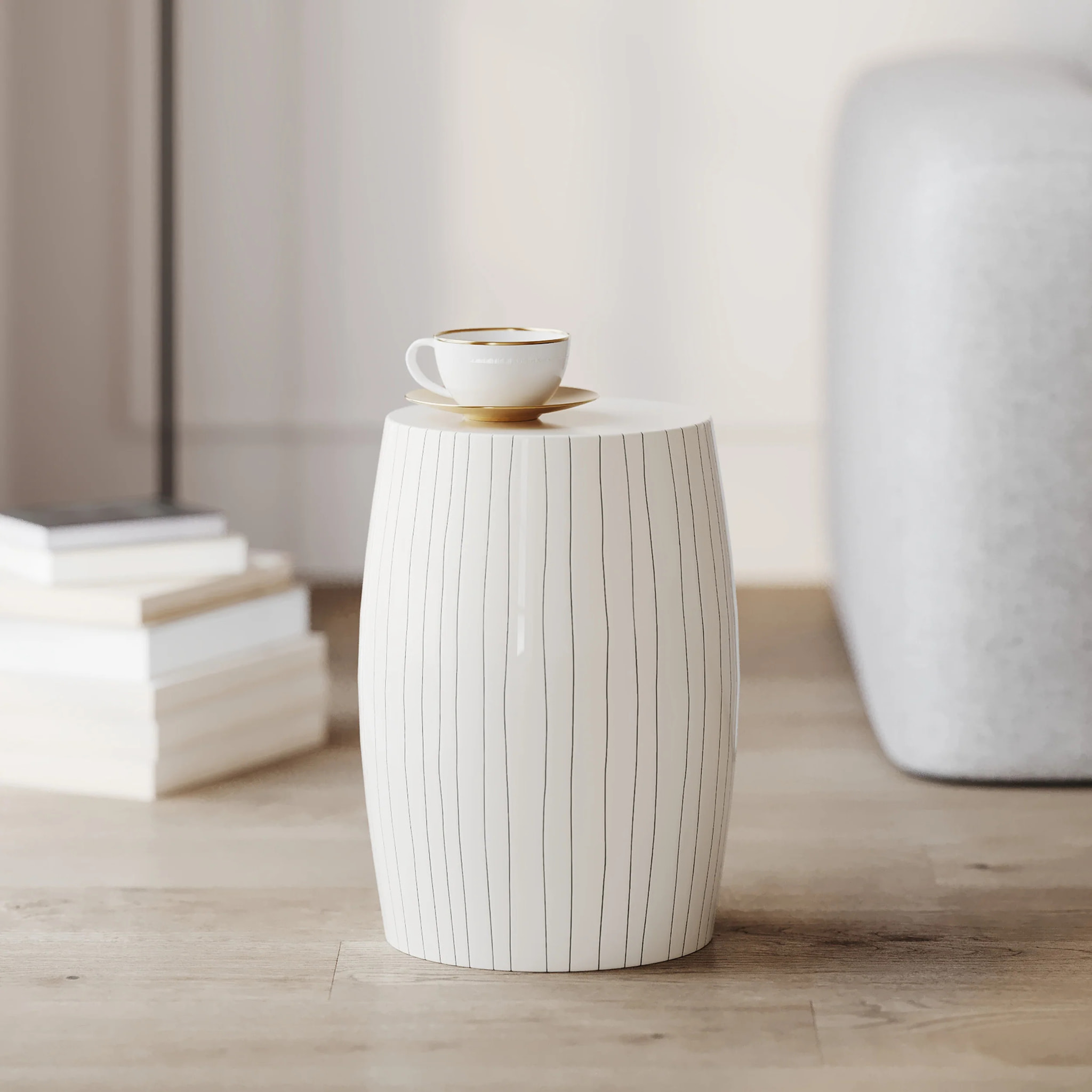 Table d'appoint ronde en métal blanc rayé D26 cm - Nello