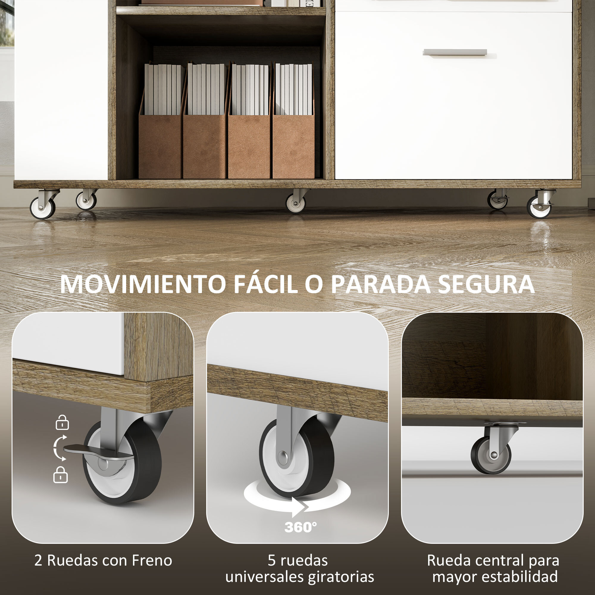Cajonera de Oficina con Ruedas Mueble Archivador con 3 Cajones Cajonera para Escritorio con Estación de Carga Cerradura y Estantes 100x40x65,5 cm Marrón Grisáceo