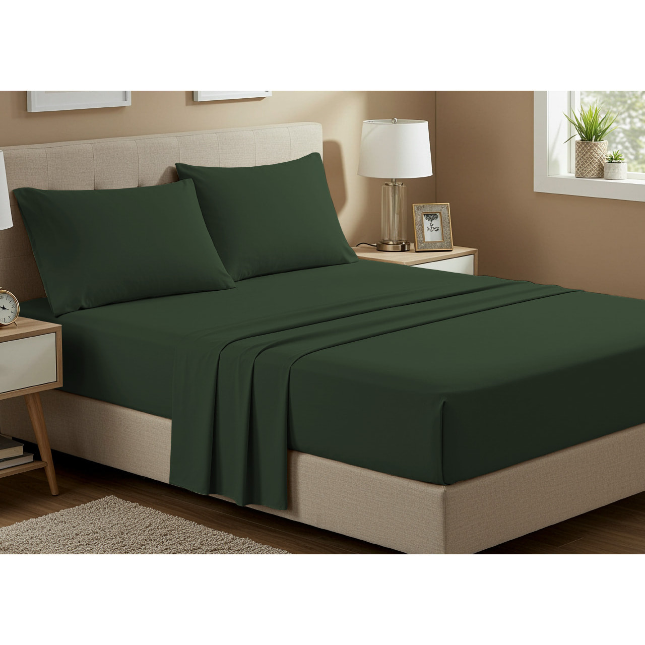 Completo Lenzuola No Stiro In Tinta Unita Con Angolo H.27 cm Colore Sottobosco
