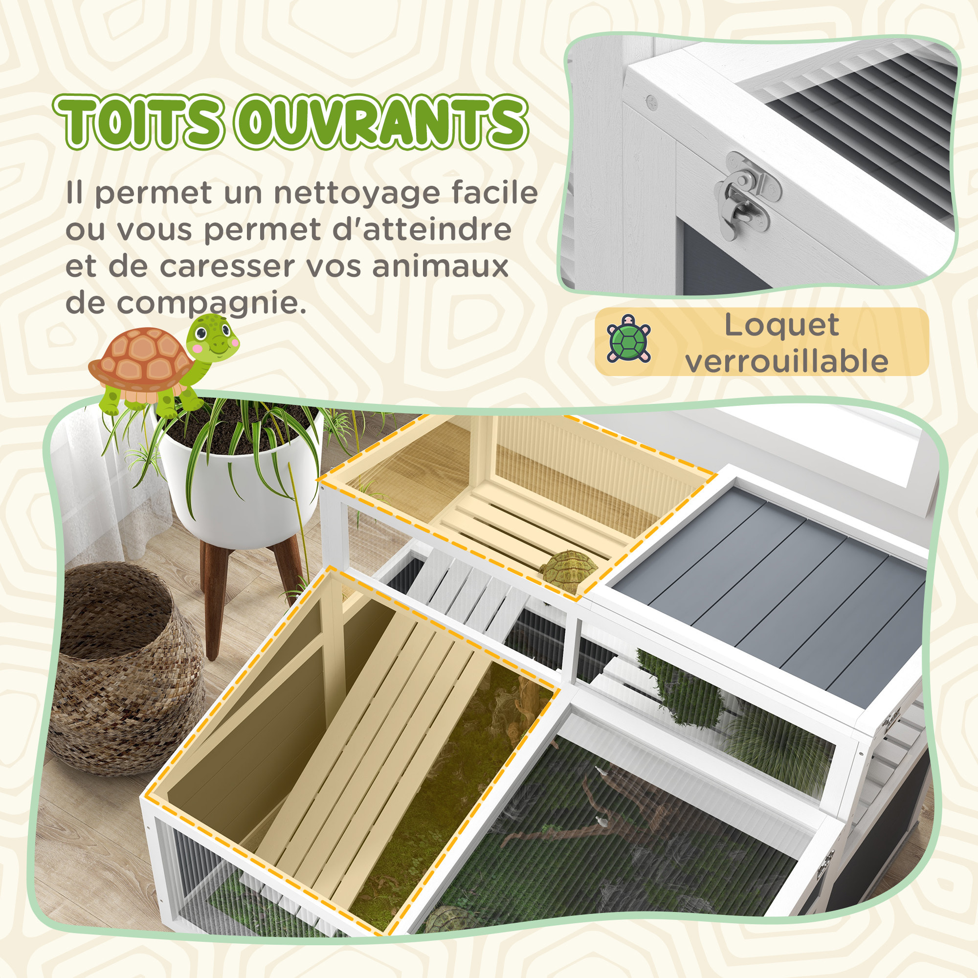 Terrarium enclos tortue 2 espaces toit polycarbonate 3 portes rampe bois gris blanc