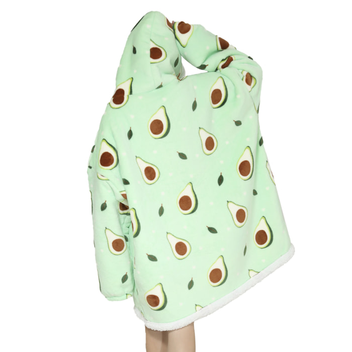 Bata estilo sudadera y manta de felpa extrasuave. Bolsillo frontal tipo canguro. Diseño Aguacates