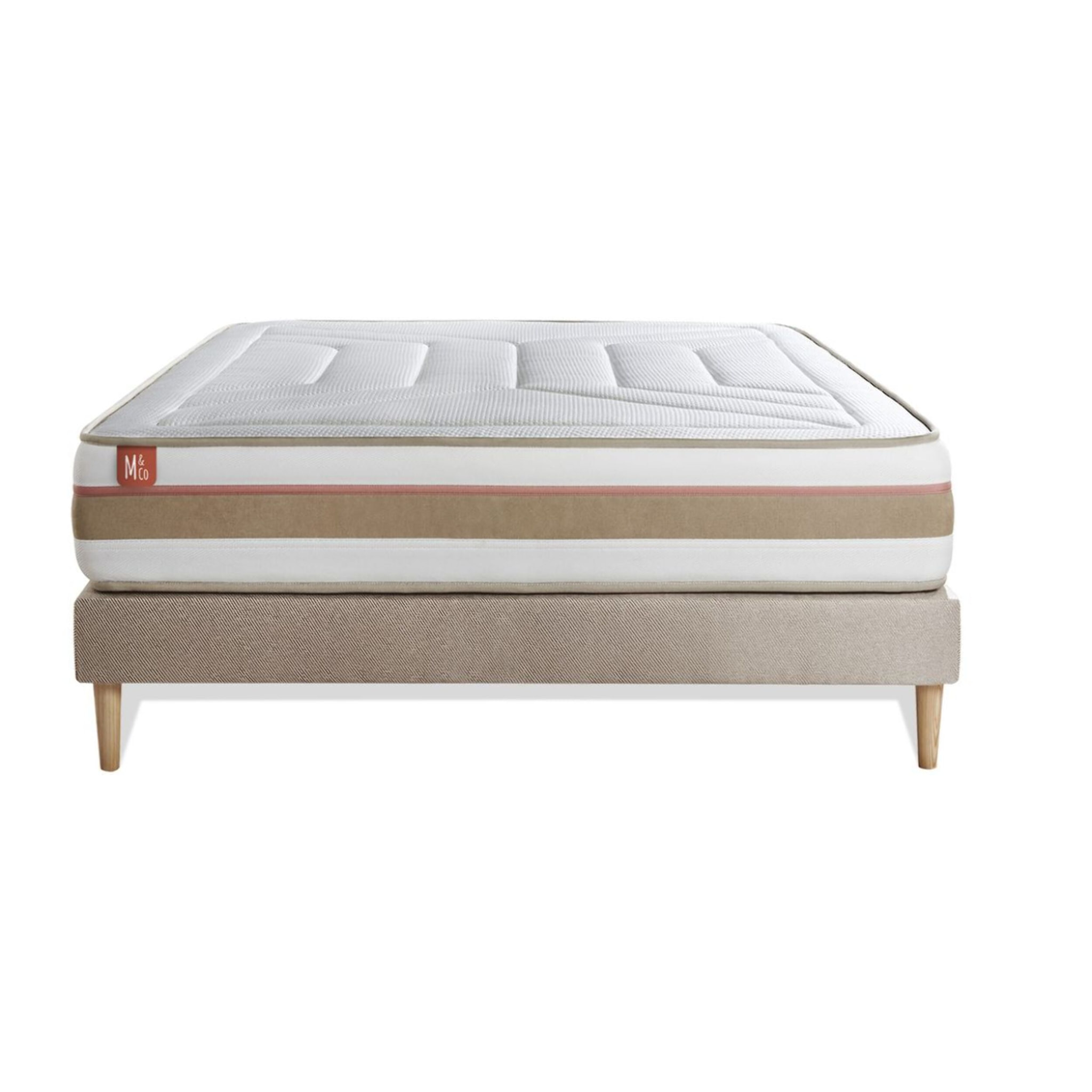 Ensemble Matelas Le Tendre - 28cm - Ressorts ensachés et mémoire de forme - Enveloppant - Sommier kit Beige