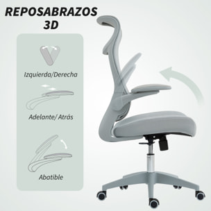Silla de Oficina Ergonómica Giratoria, con Soporte Lumbar y Reposabrazos 3D Abatibles, Silla de Escritorio de Malla con Reposacabezas Integrado, Función Basculante, Altura Ajustable, Gris