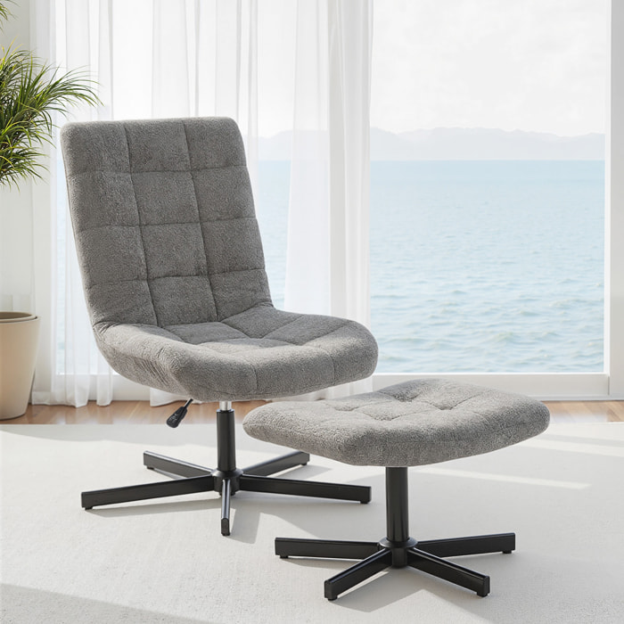 Fauteuil lounge inclinable pivotant avec repose-pieds métal noir tissu bouclé gris
