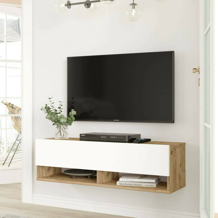 Mobile porta TV Dfantin, Credenza da soggiorno, Armadio basso per TV, Base parete attrezzata, 100x32h29 cm, Quercia e Bianco