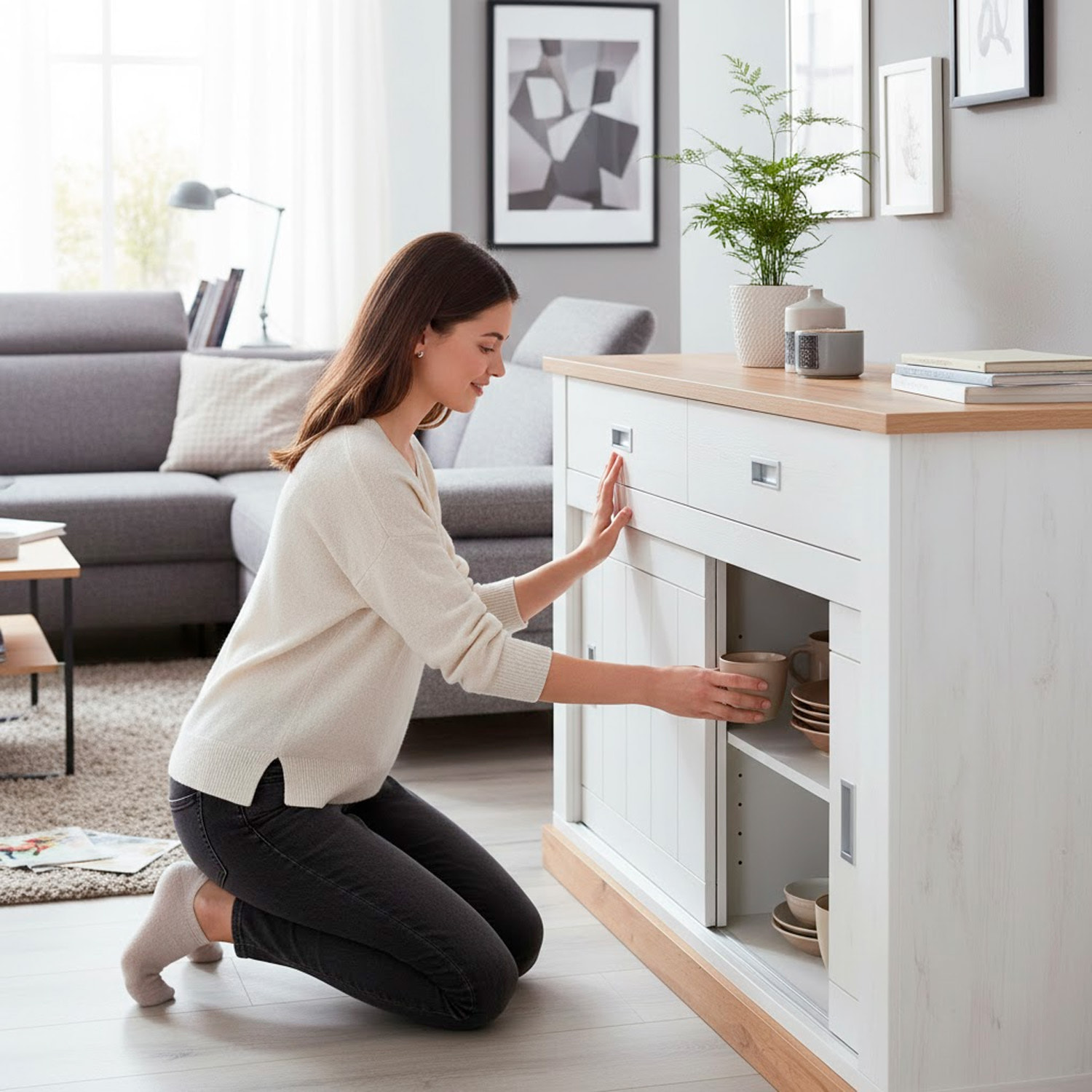 Madia Credenza Mobile Soggiorno Con 2 Cassetti E 2 Ante Scorrevoli 4 Ripiani Interni Design Minimal Shabby 150 x 50 x 95.5 Cm Colore Bianco E Rovere