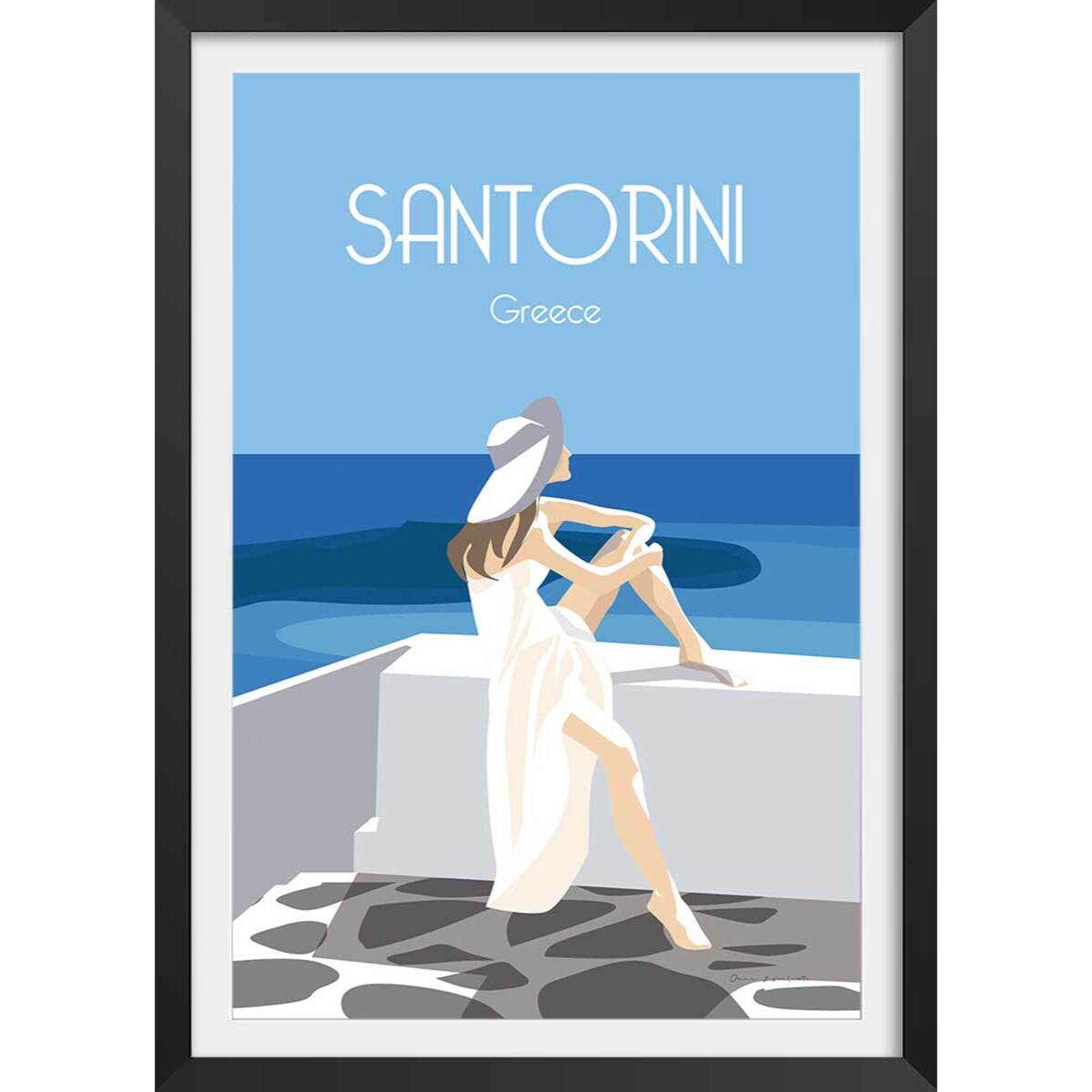 Affiche voyage le bleu de Santorin Affiche + cadre en bois - Noir