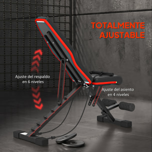 Banco de Musculación Plegable, Banco de Pesas, Respaldo y Asiento Ajustables, Extensión de Pierna, Cojín de Predicador y Banda de Resistencia, para Entrenamiento Completo, Gimnasio en Casa