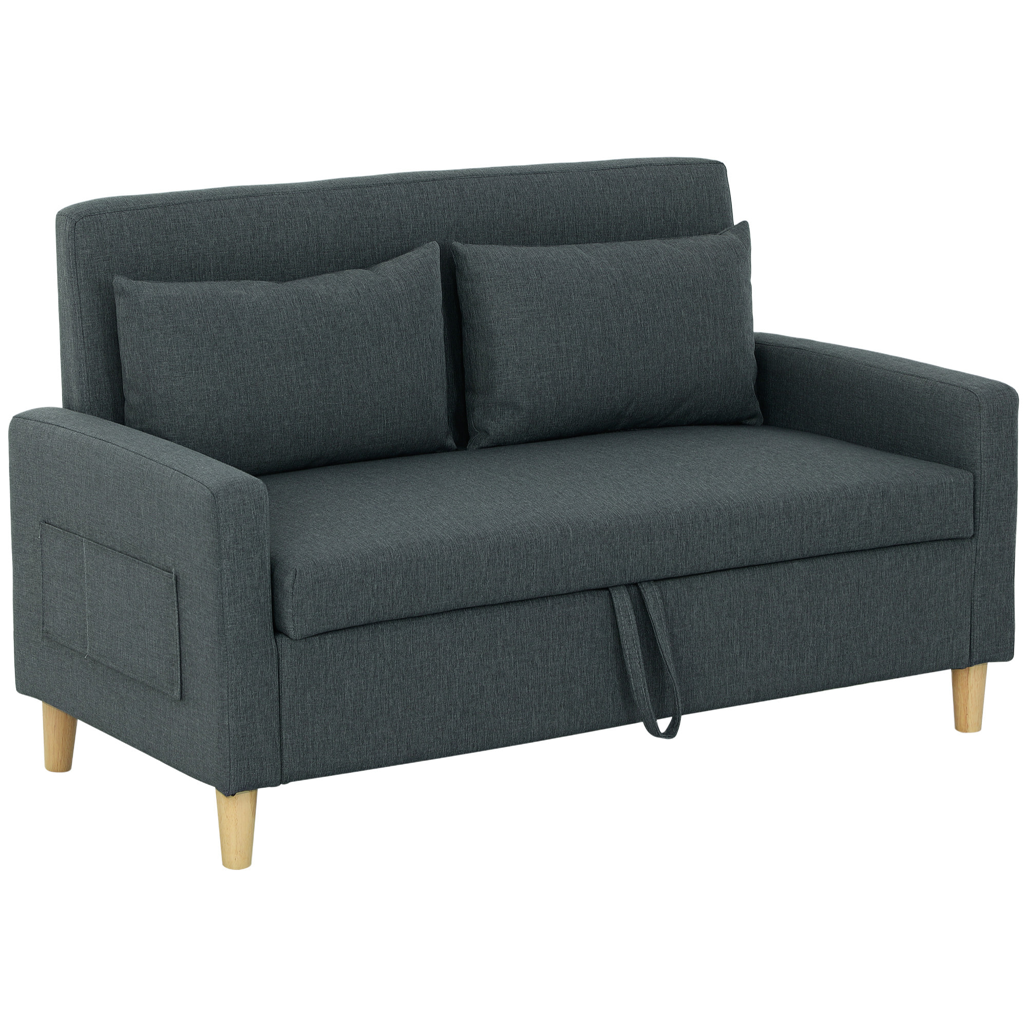HOMCOM Sofá de 2 Plazas Tapizado en Lino Sintético con Espacio de Almacenamiento, Sofá Moderno con 2 Almohadas, Bolsillo y Patas de Madera, Carga 240 kg para Dormitorio, Salón 135x71x84 cm Gris Oscuro