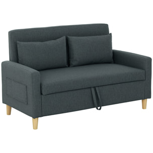 HOMCOM Sofá de 2 Plazas Tapizado en Lino Sintético con Espacio de Almacenamiento, Sofá Moderno con 2 Almohadas, Bolsillo y Patas de Madera, Carga 240 kg para Dormitorio, Salón 135x71x84 cm Gris Oscuro