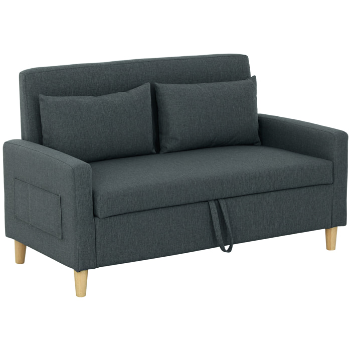 HOMCOM Sofá de 2 Plazas Tapizado en Lino Sintético con Espacio de Almacenamiento, Sofá Moderno con 2 Almohadas, Bolsillo y Patas de Madera, Carga 240 kg para Dormitorio, Salón 135x71x84 cm Gris Oscuro