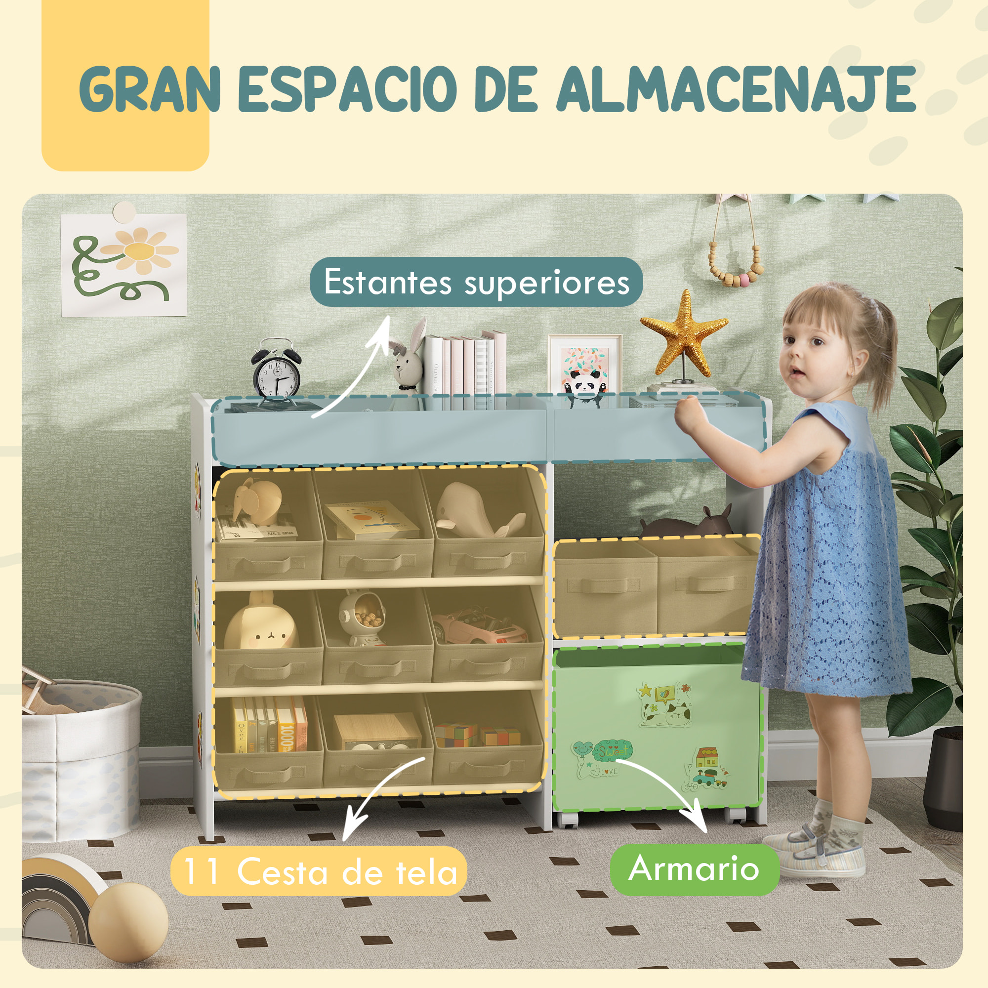 Estantería para Juguetes para Niños Organizador Infantil con 11 Cestas Extraíbles Compartimentos y Láminas de Pegatinas para Guardería Sala de Juegos 105x30x80 cm Blanco
