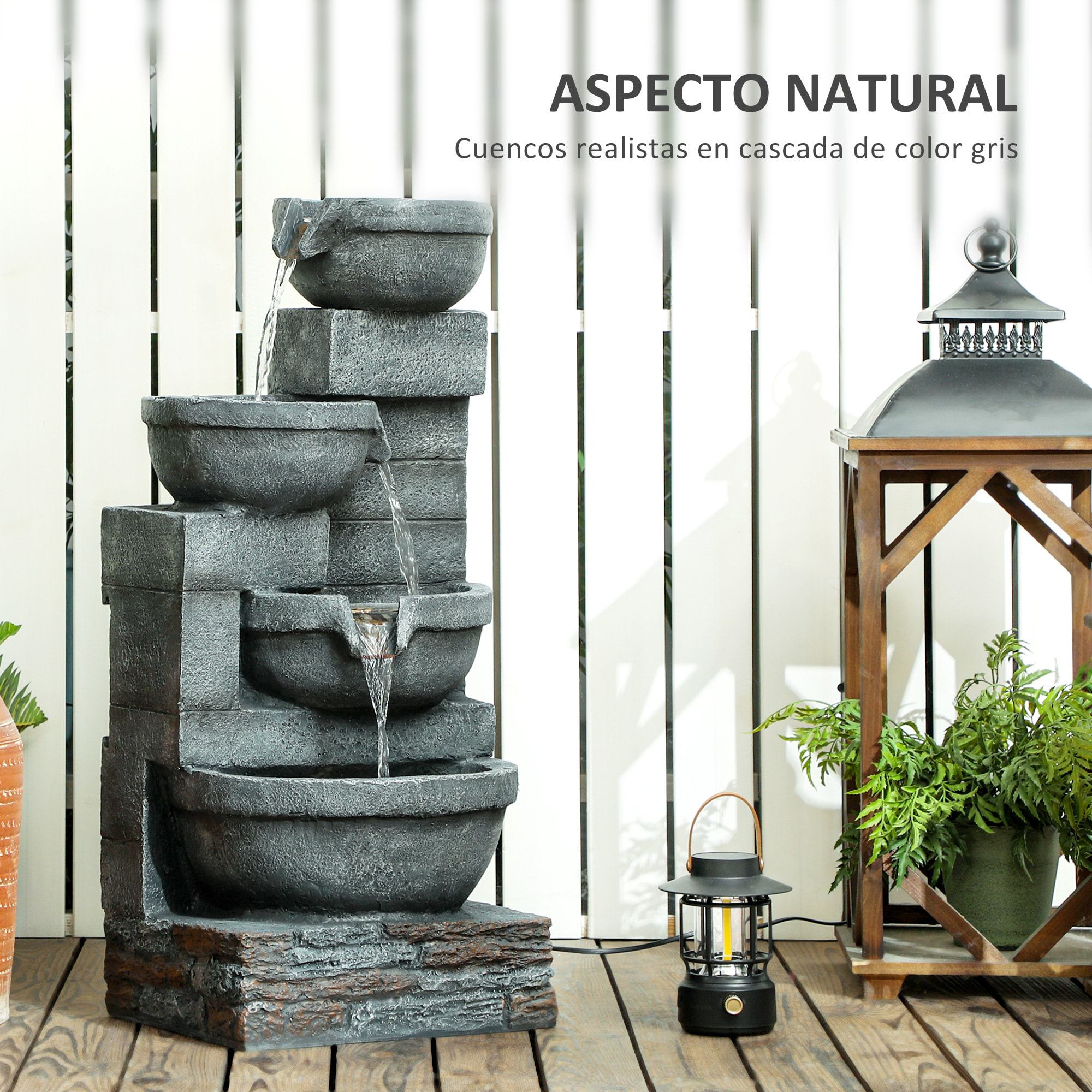 Fuente de Agua Fuente de Jardín con Iluminación LED Fuente Decorativa en Cascada de 4 Niveles para Jardín Patio Terraza 38x35x78,5 cm Gris