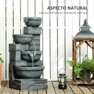 Fuente de Agua Fuente de Jardín con Iluminación LED Fuente Decorativa en Cascada de 4 Niveles para Jardín Patio Terraza 38x35x78,5 cm Gris