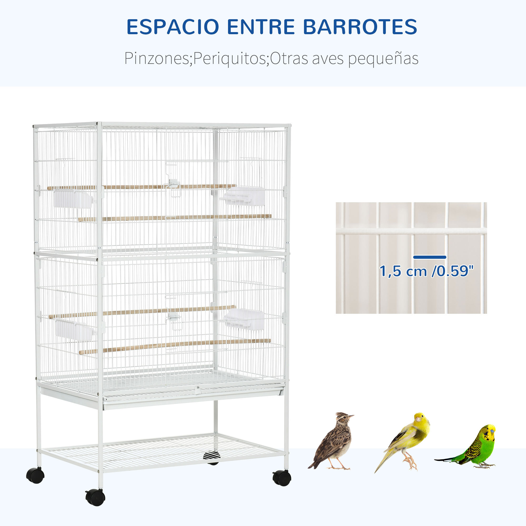 Jaula para Pájaros con Ruedas 78x52x132 cm con Bandeja Extraíble 4 Comederos