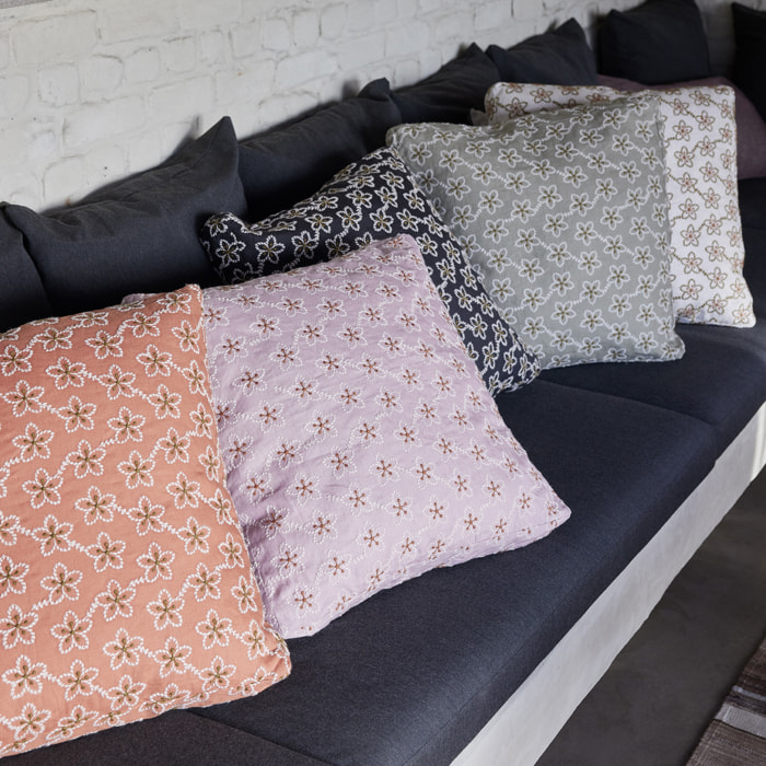 Housse de coussin brodée en lin, Made in France, FLEURS , rose moyen
