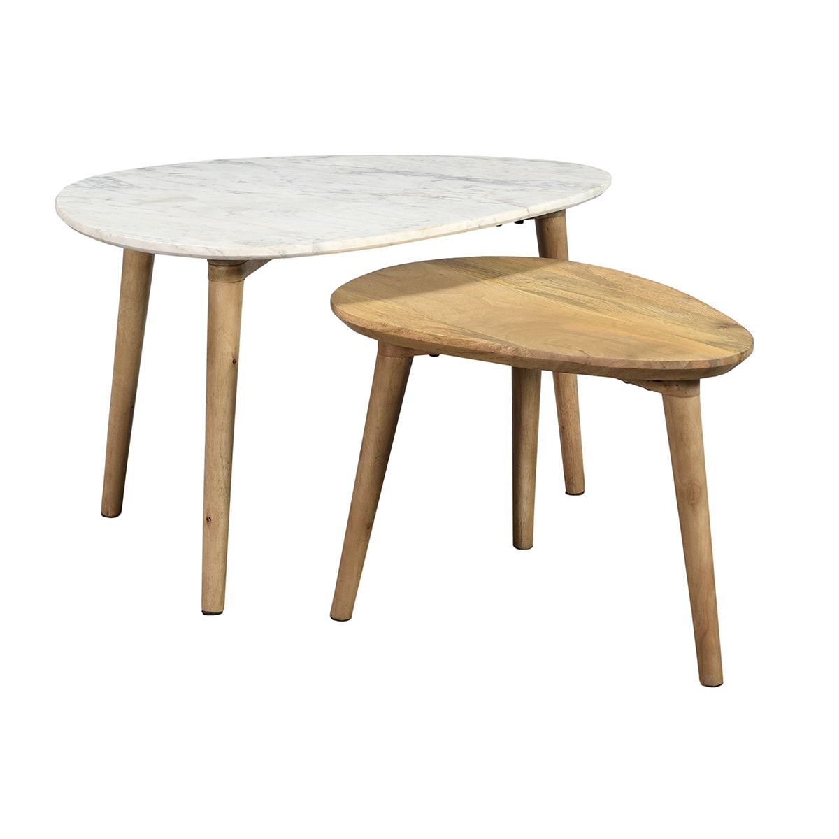 Tables basses gigognes marbre blanc et bois manguier massif (lot de 2) EVY