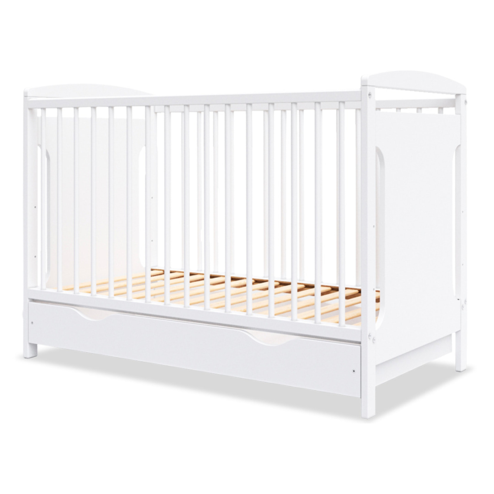 Lit Bébé Évolutif Margot 60x120 cm en Bois, Blanc, Avec Tiroir intégré, Sommier Réglable 3 Hauteurs, Barreaux Amovibles