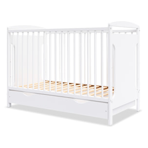 Lit Bébé Évolutif Margot 60x120 cm en Bois, Blanc, Avec Tiroir intégré, Sommier Réglable 3 Hauteurs, Barreaux Amovibles