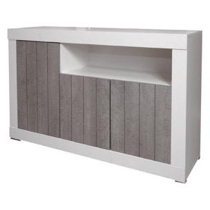 Credenza moderna a 3 ante, Buffet da cucina, Madia con scaffali e ripiani, Mobile da soggiorno Porta TV, cm 138x42xh86, colore Bianco e Cemento