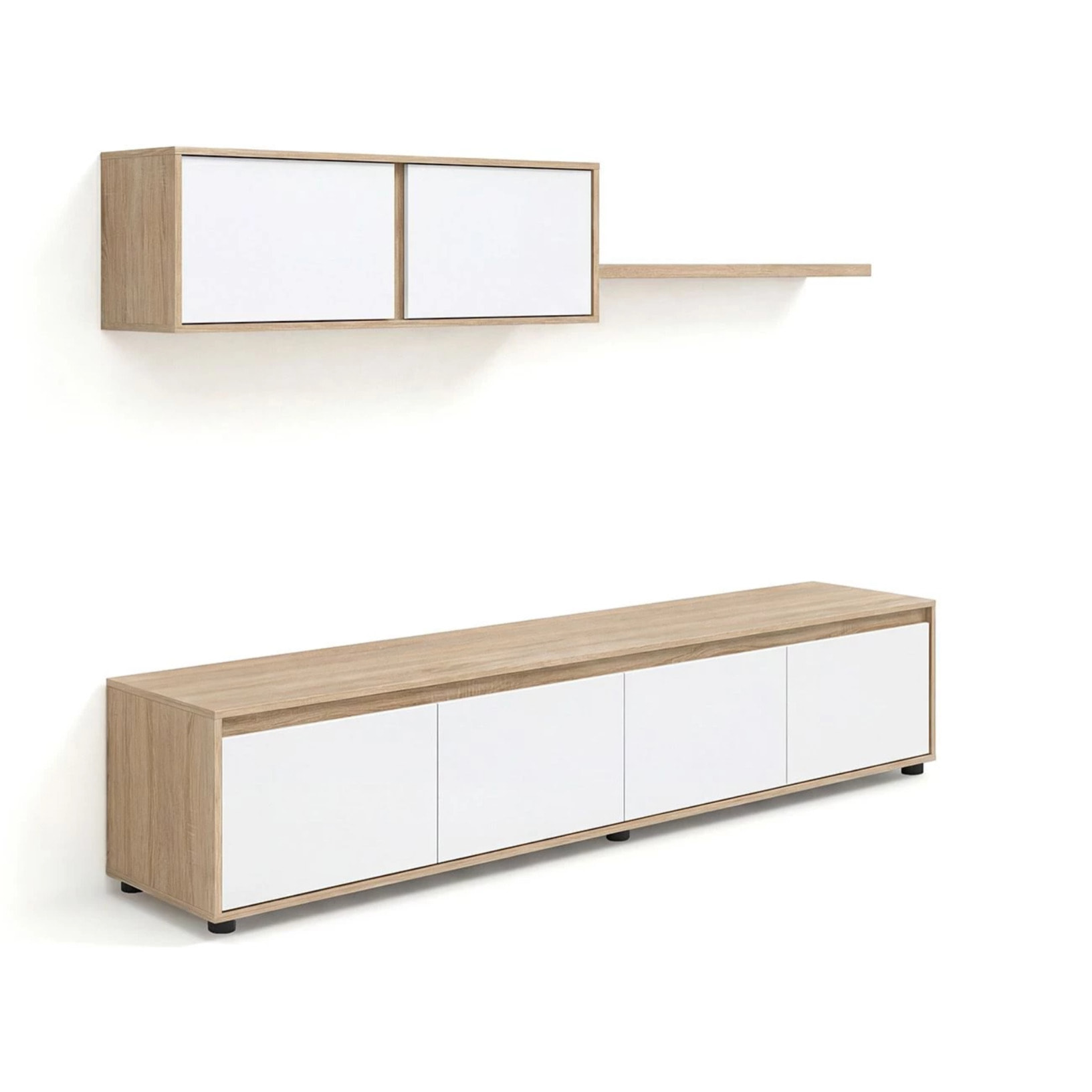 Salón con mueble de TV y estantería en roble canadian y blanco artik 200 cm Arlet Roble Canadian - Blanco Artik (Blanco Mate)