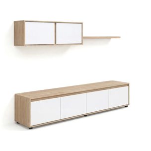 Salón con mueble de TV y estantería en roble canadian y blanco artik 200 cm Arlet Roble Canadian - Blanco Artik (Blanco Mate)