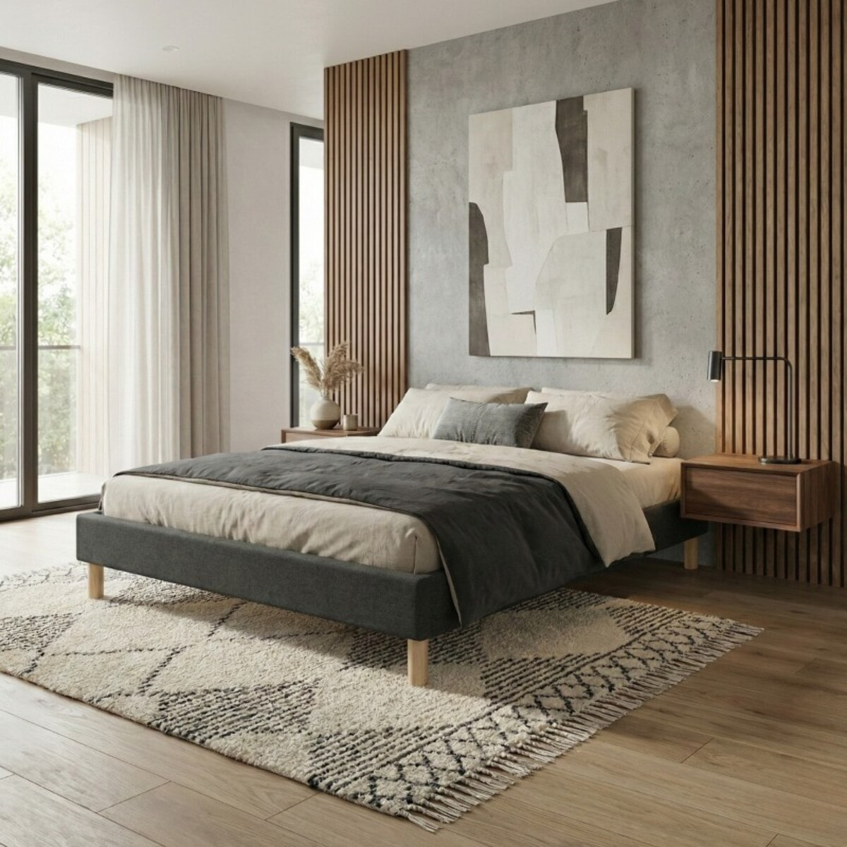 Lit Cancun | Cadre à lattes | Robustesse et confort | Montage simple rapide | Tissu | Gris foncé