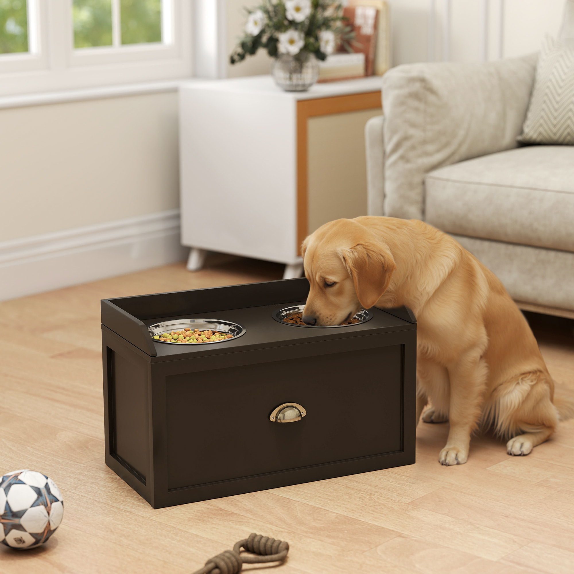 Gamelle double chien chat - porte-gamelles surélevé rangement 2 en 1 - tiroir, 2 gamelles - acier inox. MDF brun