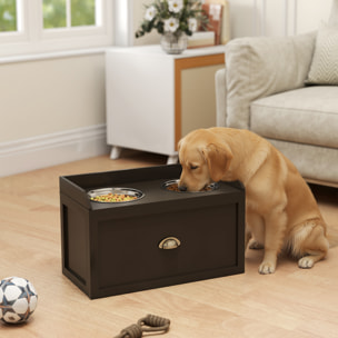 Gamelle double chien chat - porte-gamelles surélevé rangement 2 en 1 - tiroir, 2 gamelles - acier inox. MDF brun