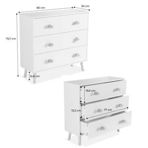 Commode enfant. décor bois. blanc. 3 tiroirs. pieds et poignées nuage en pin