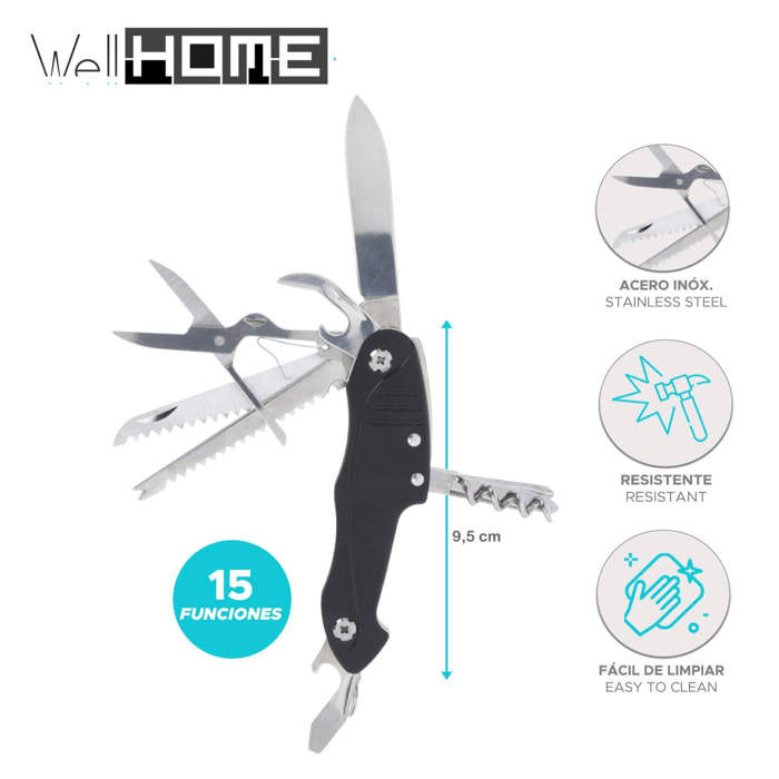 Well home navaja con 15 funciones en acero inoxidable con mango negro 9,5cm