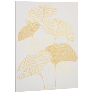 Tableau imprimé et peint feuilles ginkgo biloba - dim. 100L x 80l cm - décoration murale - toile 100% polyester structure bois de pin encre dorée blanc