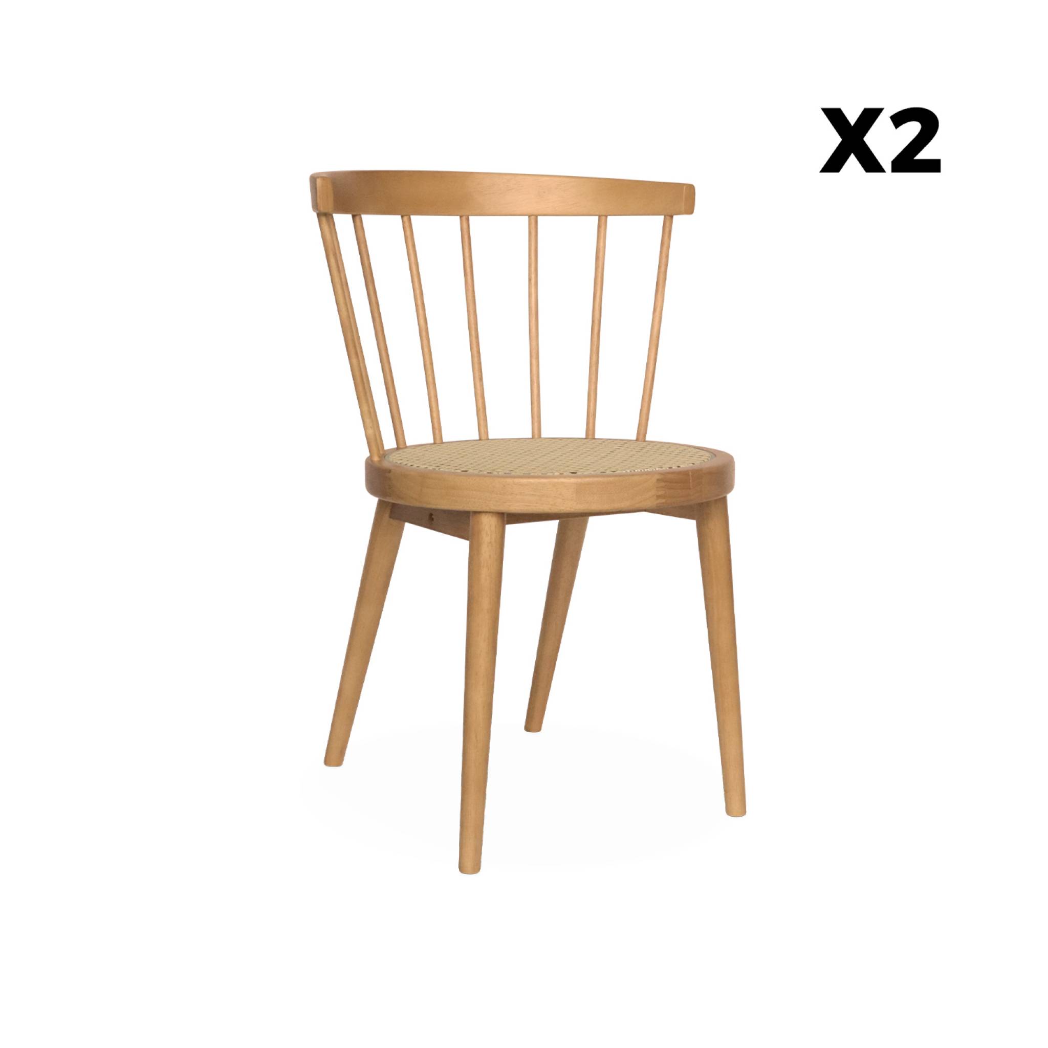 Lot de 2 chaises naturelles en bois et cannage. Nora. L 54 x P 54 x H 76.5cm.