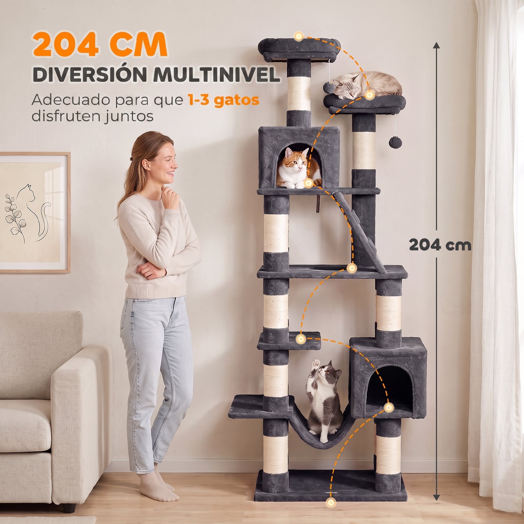 Árbol Rascador para Gatos 204 cm, Torre para Gatos Multinivel con 2 Cuevas, 2 Camas, Hamaca, Postes de Sisal, Escalera, 2 Bolas Colgantes, Tela de Felpa, para 1-3, Gris Oscuro