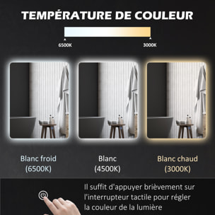 Miroir rectangulaire mural lumineux LED de salle de bain - 80 x 60 cm - 3 couleurs, luminosité réglable interrupteur tactile système antibuée blanc transparent