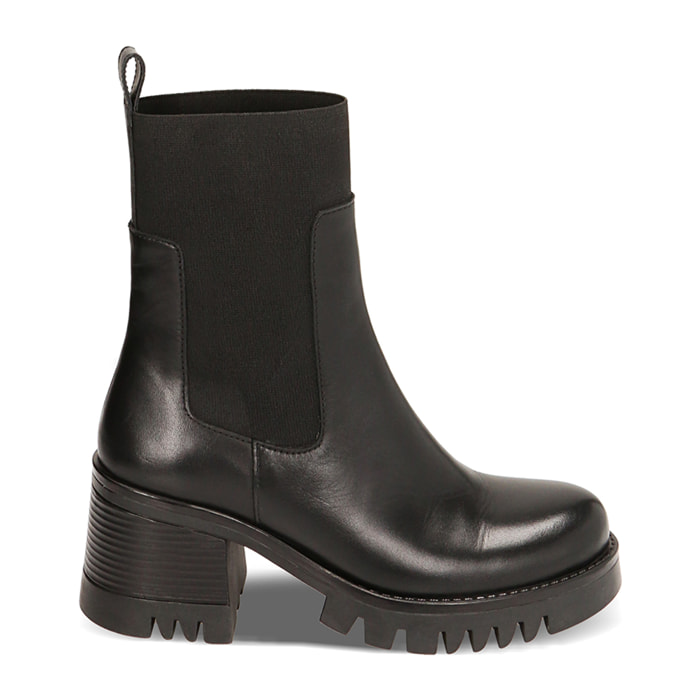 Botines de cuero negro Chelsea hasta el tobillo, tacón de 7 cm