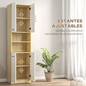 Columna Auxiliar de Baño Armario Alto de Baño con 4 Puertas 2 Estantes Abiertos y Estantes Ajustables Estilo Moderno para Salón 53x33,5x195,7 cm Blanco y Roble