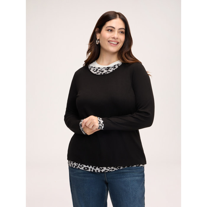 Fiorella Rubino - T-shirt bimaterica con stampa animalier - Nero