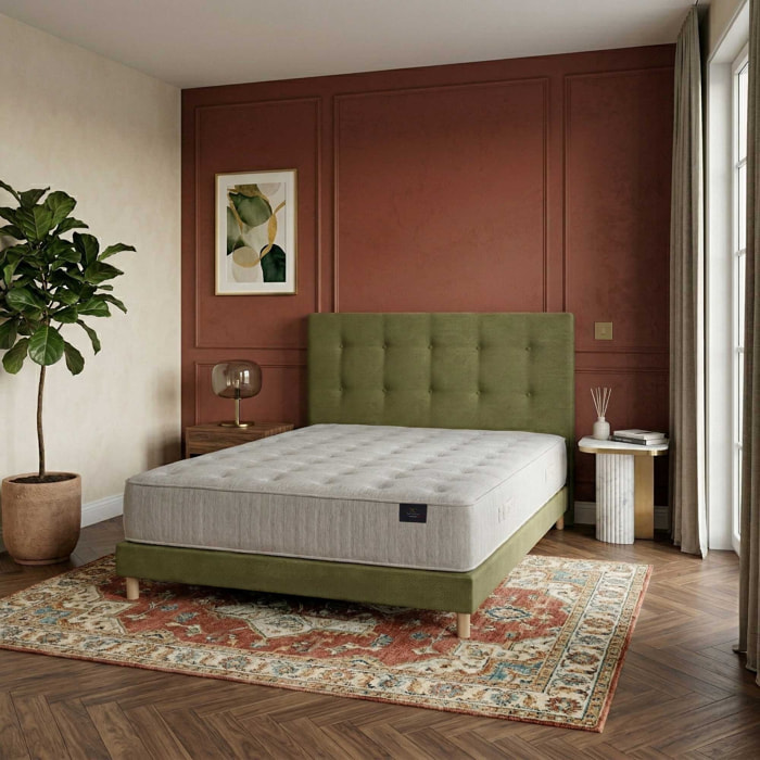 Ensemble HÉCATE + tête de lit capitonnée - Matelas ressorts ensachés et Mémoire de forme 26 cm - sommier et tête de lit vert