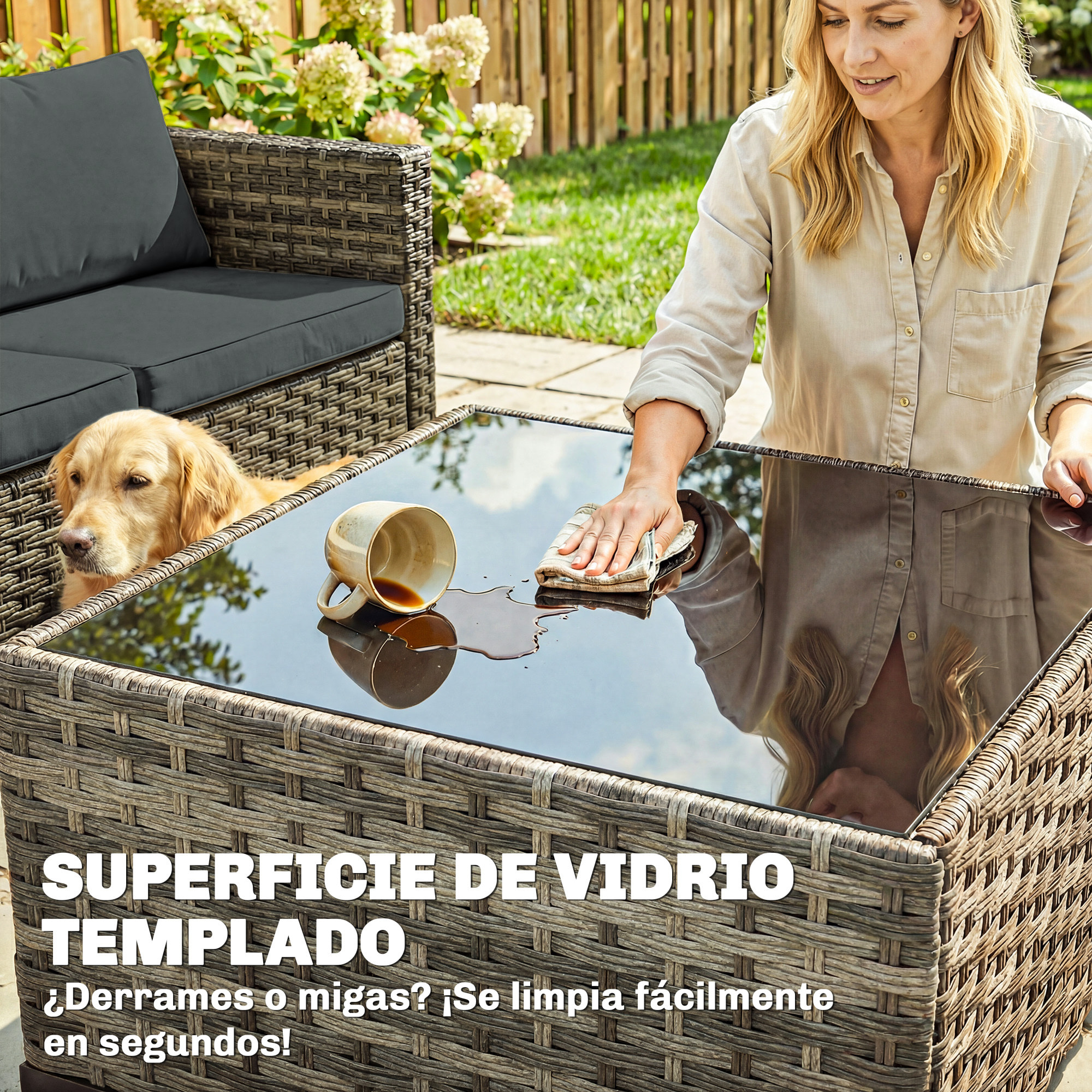 Conjunto de Jardín de Ratán de 5 Piezas, Conjunto Terraza Resistente, Muebles Jardín Exterior Incluye Cojines, 2 Sillones de Esquina, Sillón sin Brazos, Reposapiés y Mesa Centro, Gris Oscuro