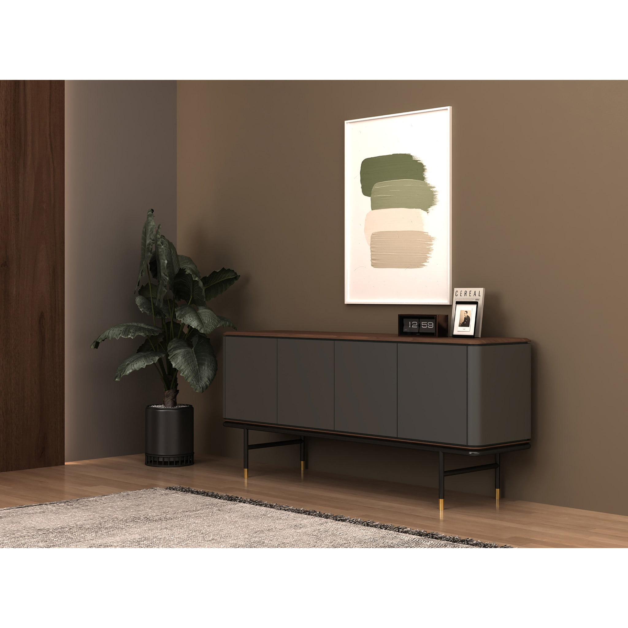 Aparador de madera de MDF en gris oscuro mate y patas de acero inoxidable negro 180x45x79cm