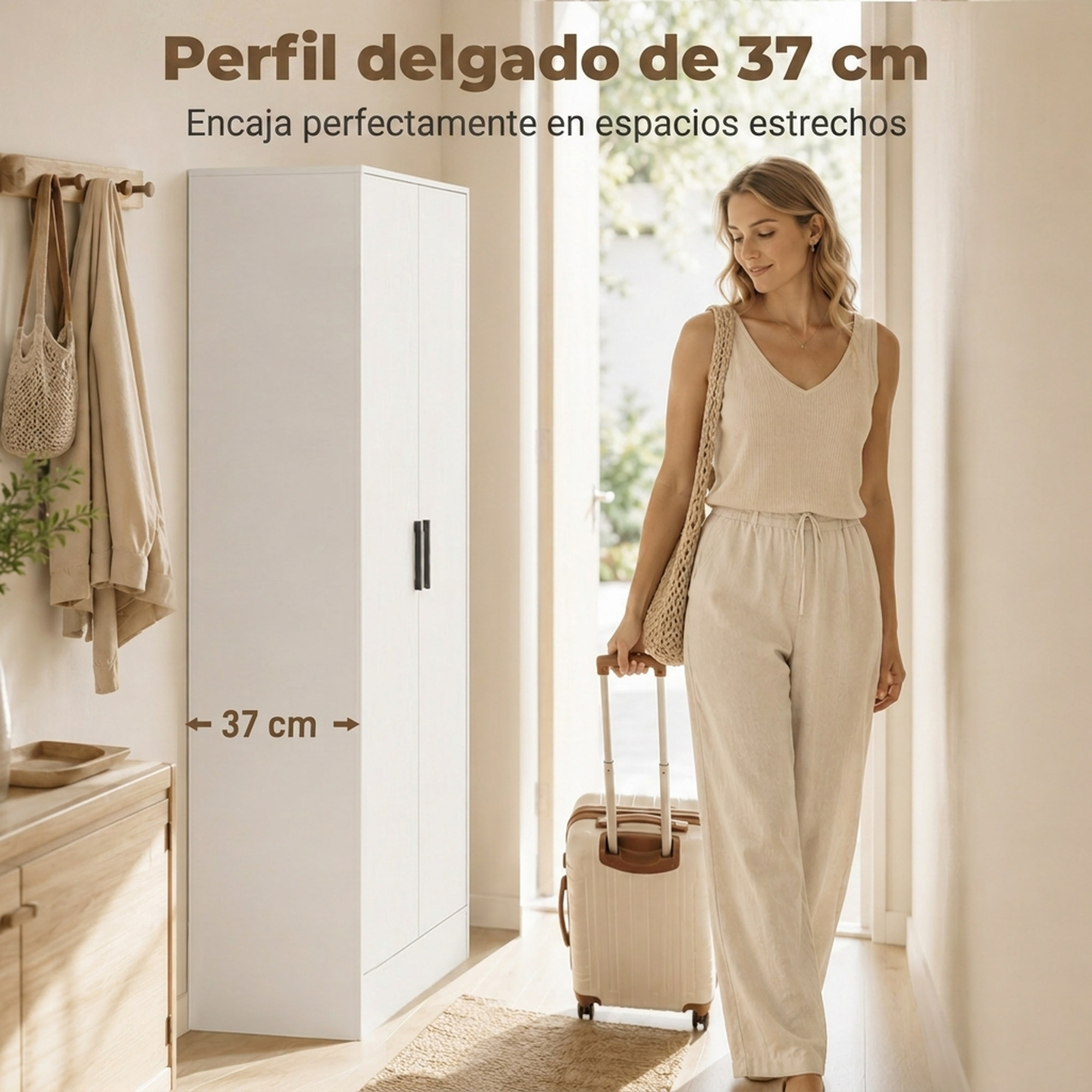 HOMCOM Armario Dormitorio Moderno, Armario Ropero con Barra para Colgar, Estantes, 70x37x164 cm, para Salón, Entrada, Blanco