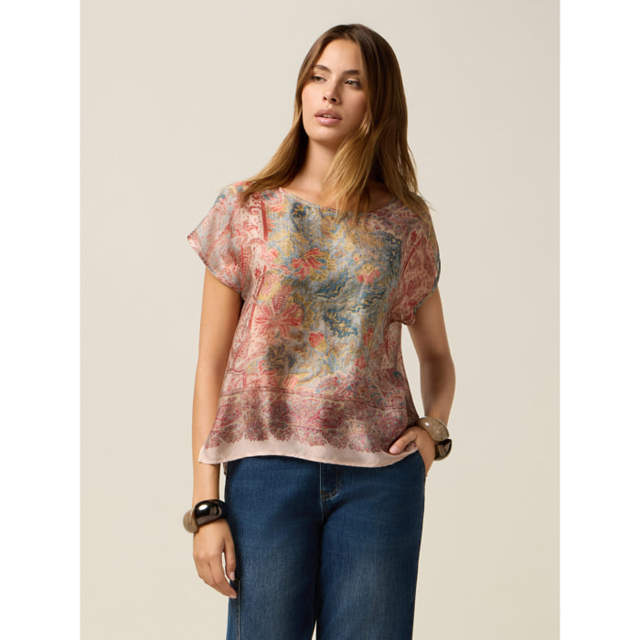 Oltre - Blusa in raso fantasia - Rosa