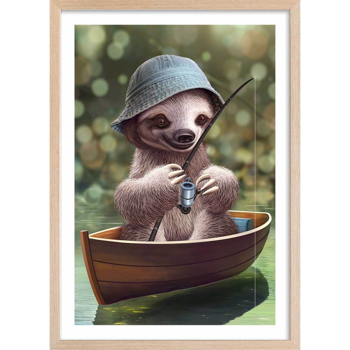 Affiche enfant paresseux à la pêche  Affiche + cadre en bois - Chêne