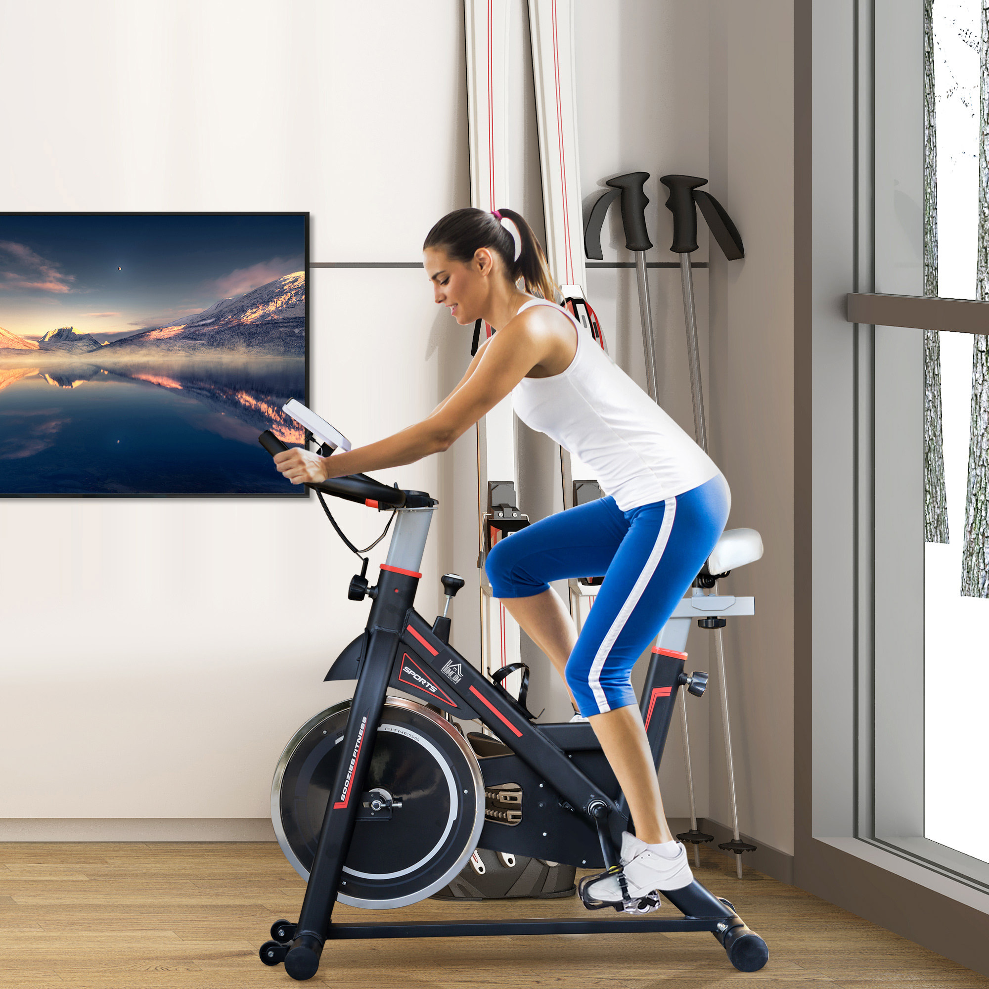 Bicicleta Estática Bici Estática con Volante 8 kg Resistencia Ajustable Pantalla LCD Pulsómetro Ejercicio Silencioso y Asiento Ajustable Carga 120 kg para Casa Gimnasio Negro