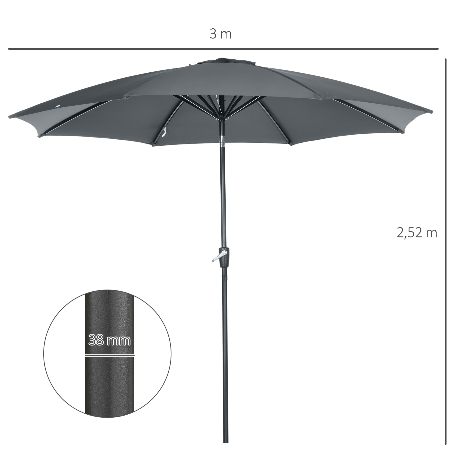 Sombrilla de Jardín Ø300x240 cm Parasol de Terraza con Manivela Techo Inclinable y 8 Varillas de Metal para Patio Balcón Exterior Gris